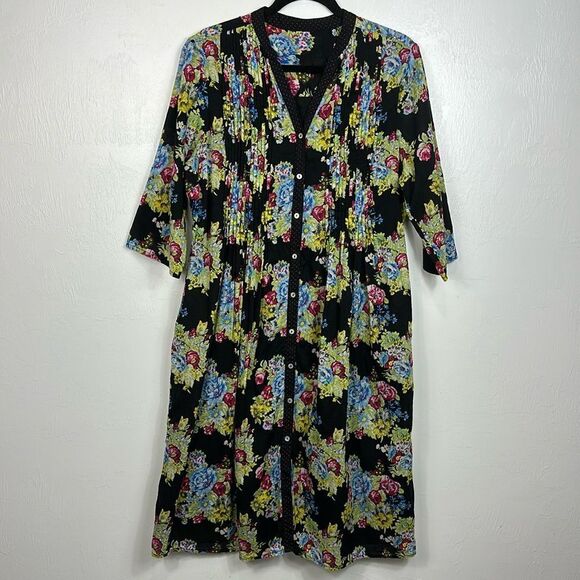 The J. Peterman Co Floral Pleated Boho Shirt Dress In Black Size M - Picture 2 of 10